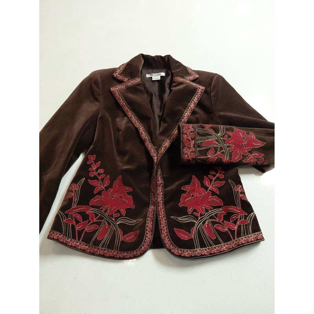 Peter Nygard Embroidered Cotton Velvet Blazer Size 8 Brown with burgundy Flowers